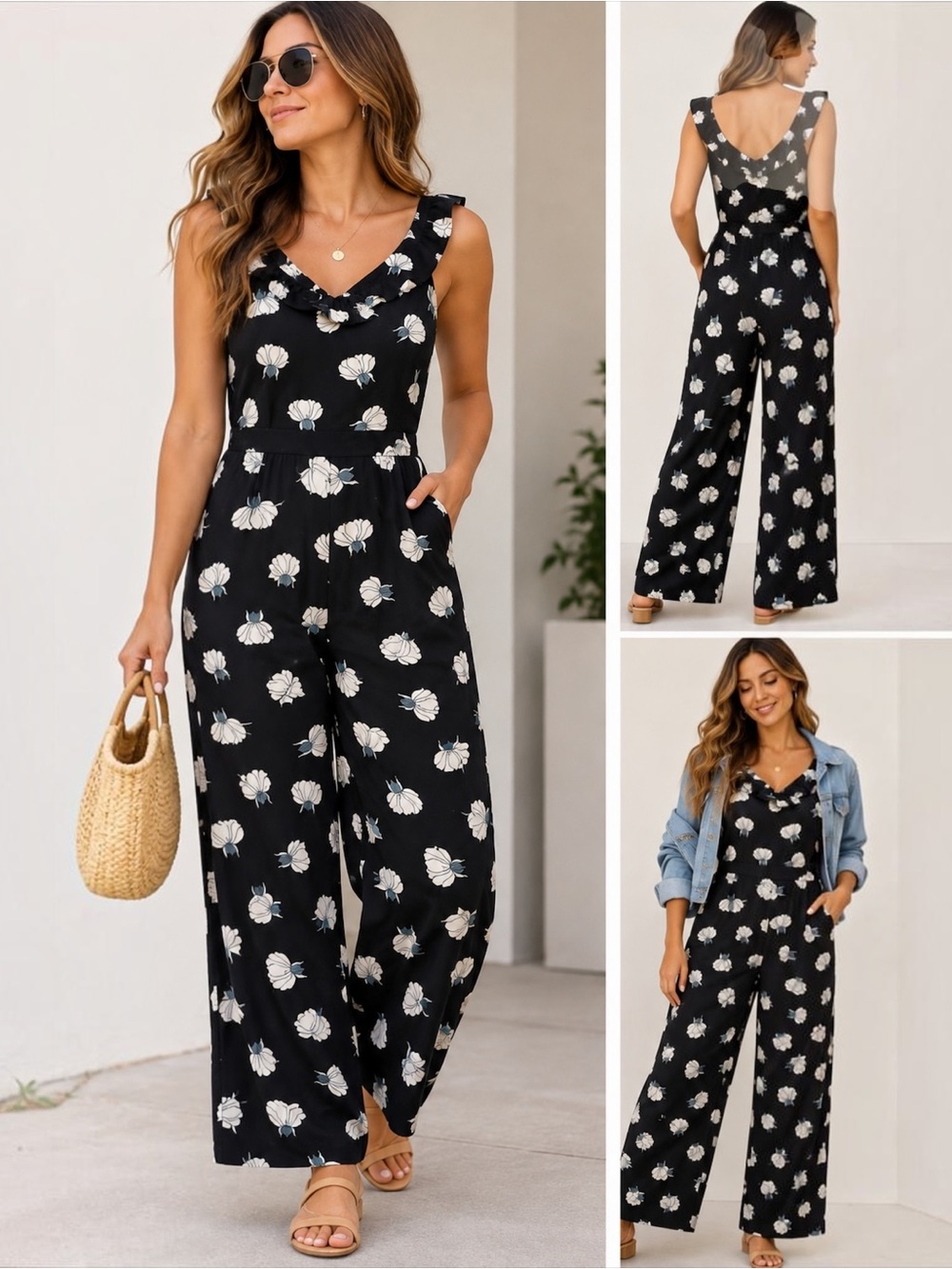 LOFT Petites 00P Black Floral Ruffle Neck Jumpsuit Wide Leg Rayon Pockets